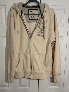 Vintage American Eagle Full Zip Hooded Sweatshirt - Cream XL